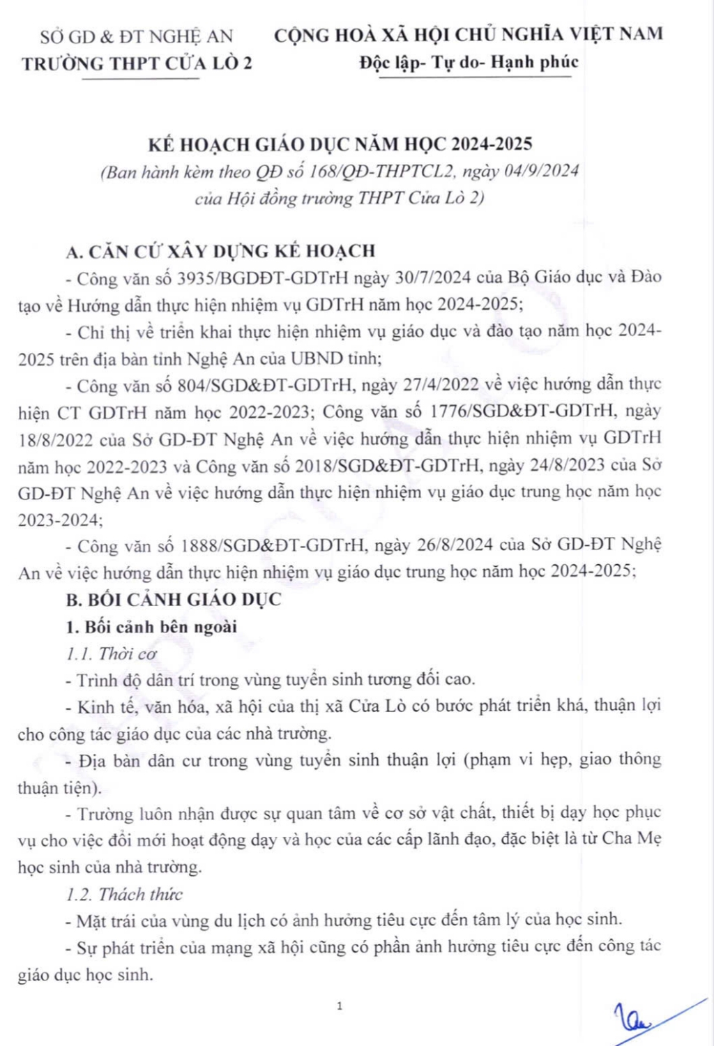 KẾ HOẠCH GIÁO DỤC NĂM HỌC 2024 - 2025