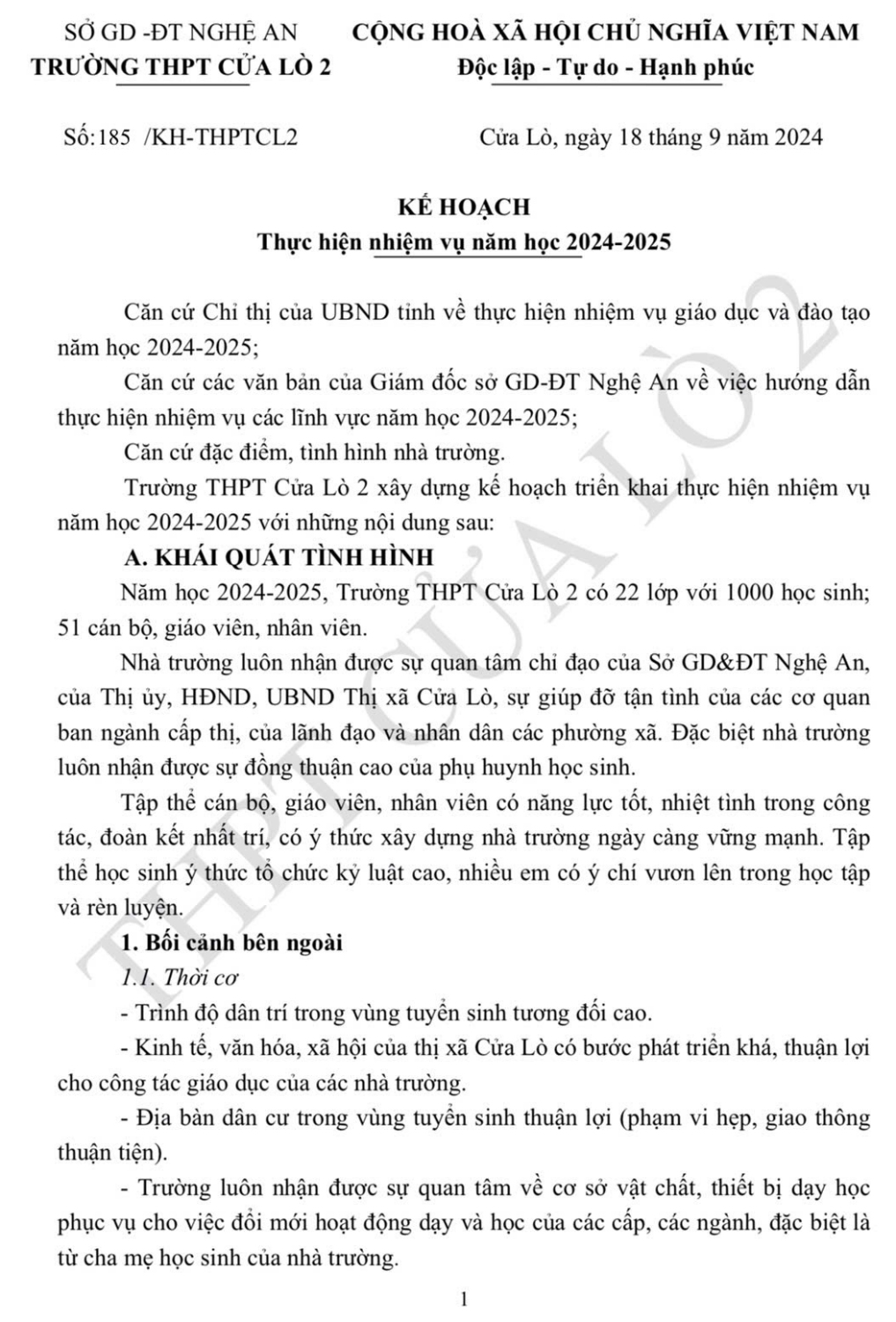 KẾ HOẠCH THỰC HIỆN NHIỆM VỤ NĂM HỌC 2024 - 2025