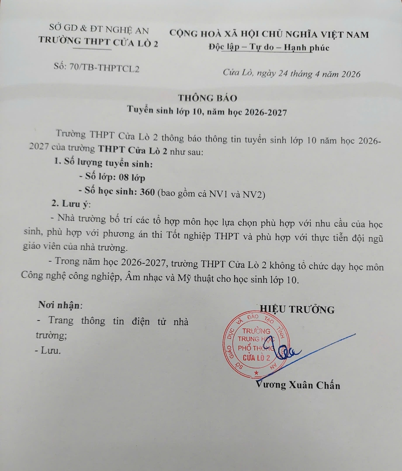 THÔNG BÁO TUYỂN SINH LỚP 10, NĂM HỌC 2026 - 2027